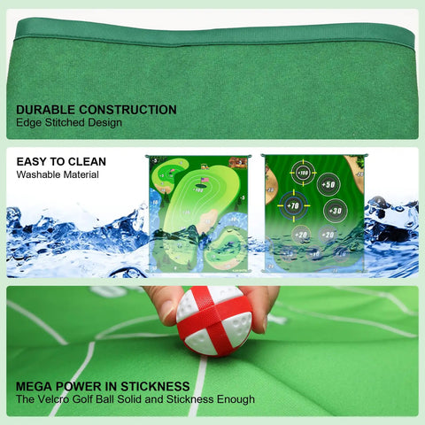 Collage showing features of Double Sided Golf Chipping Game Mat 6x5 Ft for indoor and outdoor practice, durability, washability, velcro balls.