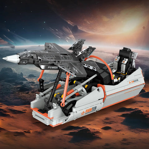 F-35 Fighter Jet Building Set With Realistic Cockpit And Mechanical Linkage, 941-piece model with detailed controls, space background