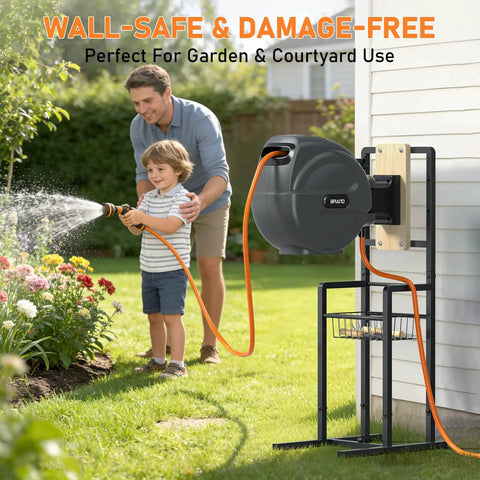 Freestanding Garden Hose Reel Stand For Outdoors No Wall Drilling Required With Sturdy Mounting Brackets shown with man and child gardening