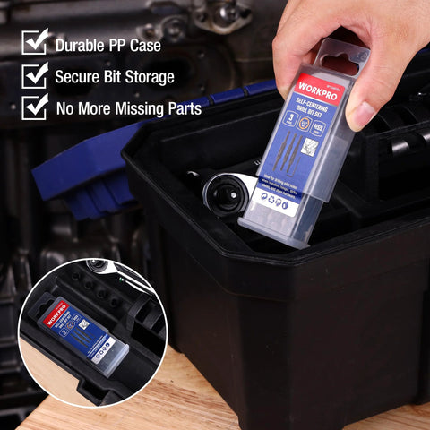 WorkPRO 3-piece self-centering HSS drill bit set with 1/4 in hex shank; sizes 3/32, 7/64, 1/8 in; plastic case