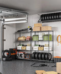 Beefy 1400 Lbs Garage Shelving Unit With 4 Tier Heavy Duty Metal Wire Racks, holding tools and tires in a garage.