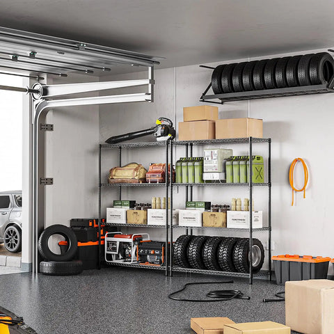 Beefy 1400 Lbs Garage Shelving Unit With 4 Tier Heavy Duty Metal Wire Racks, holding tools and tires in a garage.