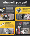 Plug-And-Play Dryer Heating Element Replacement Kit With Thermal Fuses And High Limit Thermostat For WED Series Dryers display showing components.