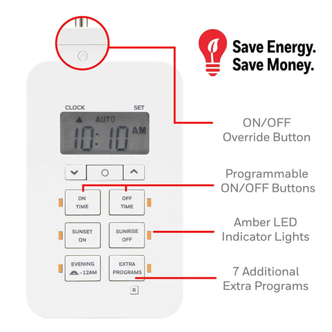 Plug In Digital Timer With Two Grounded Outlets And Seven Day Programming showing buttons and display for easy timer control.