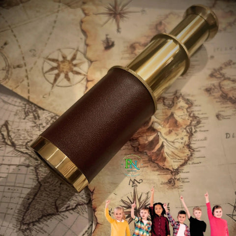 6 Inch Brass Pirates Telescope Collapsible Handheld Monocular Go-To Travel And Adventure, Outdoor Exploration, Ideal Gift For Navy Enthusiasts, Bird Watching, Trekking, And Collectible Nautical Spyglass on vintage map