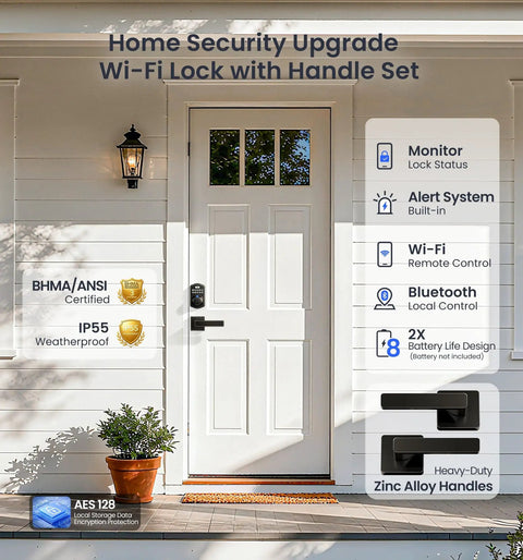 Built In WiFi Fingerprint Smart Lock With Lever Handle Set No Hub Needed App Remote Control Keyless Front Door Entry Deadbolt