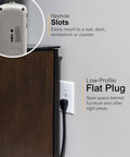 7-Outlet Surge Protector With 2 USB Ports, 3 Ft Flat-Plug Extension Cord shown wall-mounted with flat plug and keyhole slots