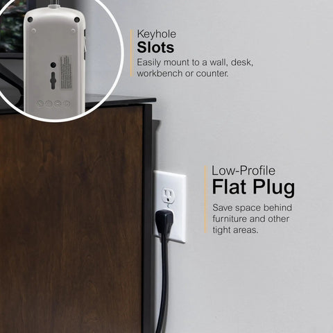 7-Outlet Surge Protector With 2 USB Ports, 3 Ft Flat-Plug Extension Cord shown wall-mounted with flat plug and keyhole slots