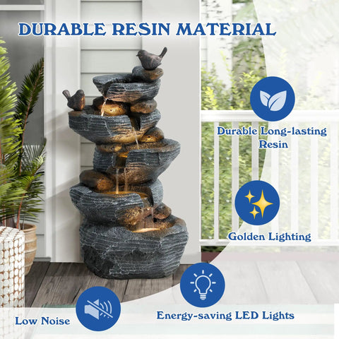 5 Tier Cascading Rock Water Fountain With LED Lights For Outdoor And Indoor Use, Resin Water Feature on patio