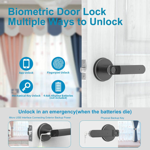 Biometric Door Lock With Smart App Control, Fingerprint Knob, Remote Unlock, and 3 in 1 Access shown on a door with backup options.
