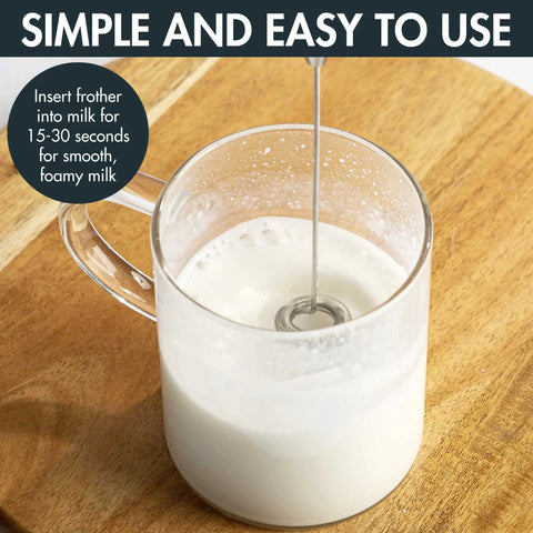 Handheld frother in glass cup of milk, demonstrating use with Compact Stovetop Espresso Maker And Handheld Electric Milk Frother Gift Set Pro Grade Aluminum Moka Pot For Rich Italian Cuban Coffee Six Sleek Demitasse Cups For Next Level Daily Grind Sips.