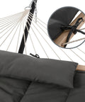 Close-up of Two Person Outdoor Hammock With Stand And Carry Bag, Cotton Rope Hammock With Detachable Reversible Quilted Polyester Pad, Dark Gray