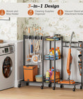 Three In One Broom Holder With Cleaning Supplies Organizer For Small Spaces Vacuum Stand And Mop Hang Broom Closet Storage Cabinet