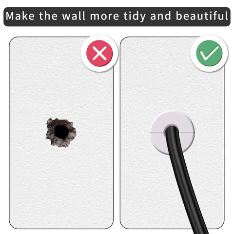 2-pack white wall cable grommets; left shows drilled wall hole, right shows grommet with black cable installed.