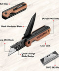 WORKPRO 2-in-1 folding utility knife with wood handle; side view shows belt clip and quick-change blade design.