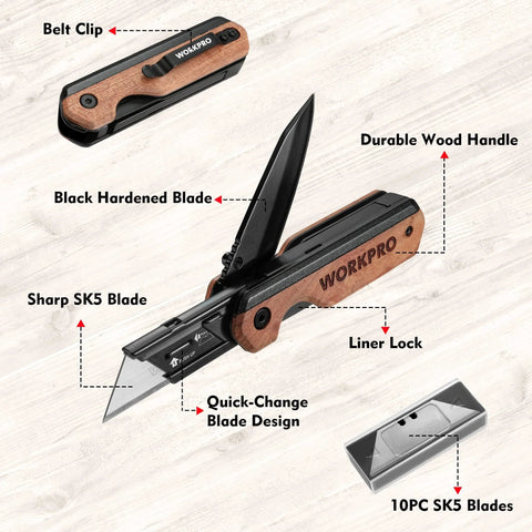 WORKPRO 2-in-1 folding utility knife with wood handle; side view shows belt clip and quick-change blade design.