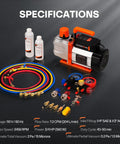 VIVOHOME VG Series AC vacuum pump with orange handle and four‑way gauge kit; colored hoses and oil bottles (front view)