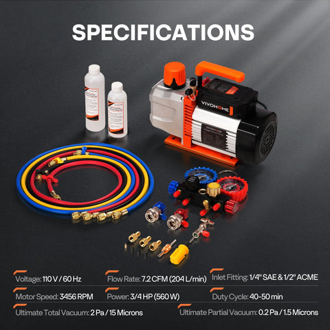 VIVOHOME VG Series AC vacuum pump with orange handle and four‑way gauge kit; colored hoses and oil bottles (front view)