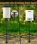 Heavy Duty Tripod Stand For Propane Tankless Water Heaters with Adjustable Folding Outdoor Water Heater Stand displayed outdoors.