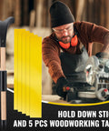 Miter Saw Hold Down Stick And 5 Pack 14 By 2 Inch Zero Gap Woodworking Tape Set For Safer Cuts with saw in workshop