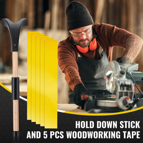 Miter Saw Hold Down Stick And 5 Pack 14 By 2 Inch Zero Gap Woodworking Tape Set For Safer Cuts with saw in workshop