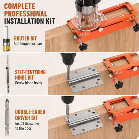 Pro Grade Aluminum Door Hinge Jig And Mortise Lock Installation Kit with router bit and self-centering hinge bit for precise installations.