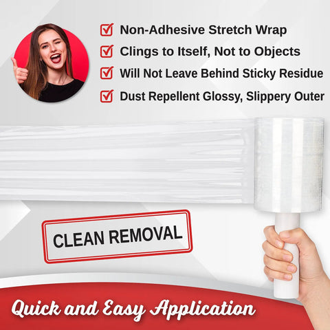 2 Pack Heavy Duty Mini Hand Stretch Wrap 5 Inch 1000 Ft Roll 80 Gauge Thick Clear Plastic Film For Moving Supplies, Furniture, Pallets, Packing And Shipping, shown with non-adhesive properties and clean removal feature