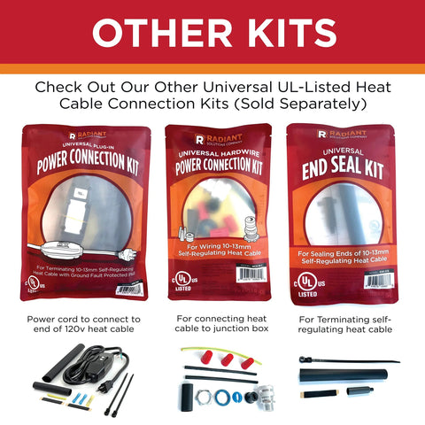 Front view of three red Radiant Solutions UL-listed heat cable kits (Power, Hardware, End Seal) with tools.