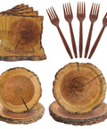 100 Piece Disposable Rustic Wood Grain Slice Tableware Set For 25 Guests With 9 Inch Dinner Plates And 7 Inch Dessert Plates, 300gsm