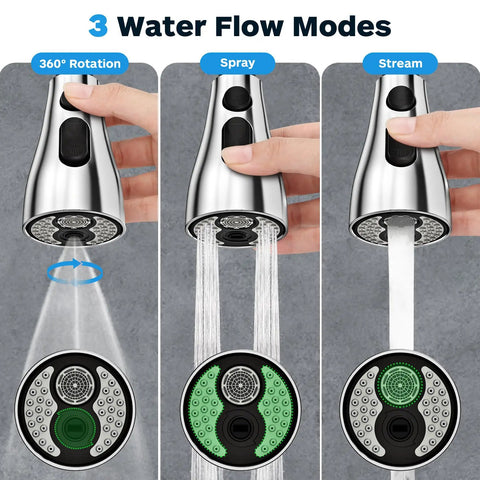 Pull Down Kitchen Sprayer Head With Three Function Modes And Twelve Adapters For Universal Faucet Fit Chrome Finish Easy Install Sprays Wide Jet And Shower Compatible With G One Half Inlets On Moen Delta Kohler American Standard And More, showing 360° rotation, spray, and stream modes.