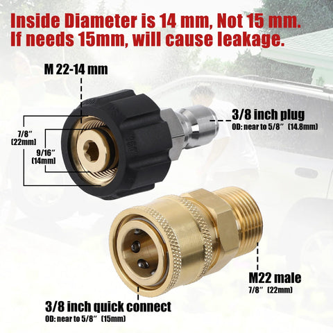 Front view of Tool Daily pressure washer adapter set: brass M22 to 14mm fitting with 3/8 inch quick-connect, 4-piece kit