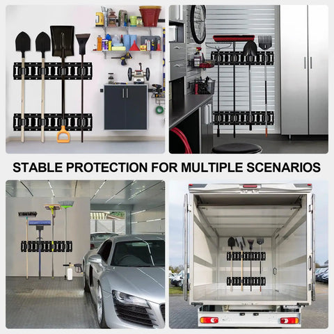 Various environments showcasing Five Pack E Track Tool Holders For Enclosed Trailers Heavy Duty Tool Hangers organizing tools.