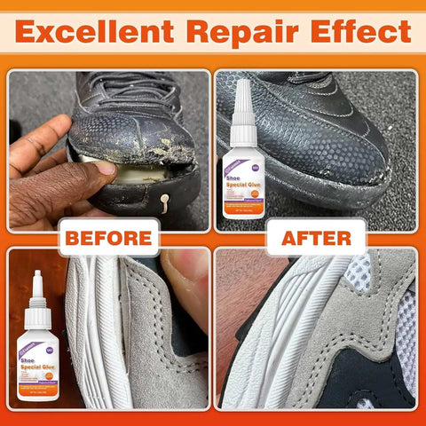 Before and after repair using Pro Grade 30g Shoe Glue for Soles and Heels Instant Bond Clear Waterproof Quick Dry Adhesive.