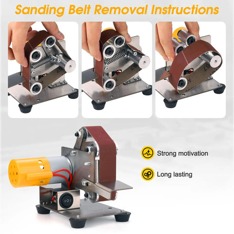 Sanding belt removal instructions for Mini Belt Sander For Knife Making Electric Bench Grinder with stainless steel base.