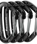 Heavy Duty 15kN Wire Gate Carabiners Pack, Aluminum Quick Draw Clips For Camping And Hiking, Hammock And Dog Leash Accessories, Durable Black Anodized Finish, Medium Size, 4 Pack, shown arranged overlapping, black finish with branding.