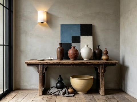 White Fabric Boho Wall Sconce For Hallways And Stairwells 1 Light Vanity Indoor Hardwired Modern Wall Mount Retro Vintage Interior Lamp With A Half Moon Shade For Bedroom And Living Areas mounted above a rustic table with decorative vases.