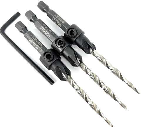 Wicked Sharp 45 Degree Size 8 Wood Countersink Drill Bit Set Three Piece Carbon Steel Hex Wrench for clean screw seats.