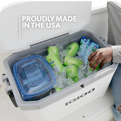 54 Qt Marine Ultra Cooler With UV Protection filled with ice and beverages, showcasing non slip handles and tight seal, white.
