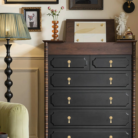 Chest of drawers with Solid Brass Cabinet Knobs 2 Pack in Brushed Gold Finish, highlighting modern pendant pulls in a room setting.