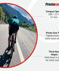 Cyclist using 4 In 1 Bike Tire Lever Tool Set For Road And Tubeless Rims Tire Remover And Installer Presta Valve Core Tool Quick Link Chain Breaker Lightweight Nylon Repair Multi Tool On Mountain Road With Specs