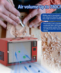 Portable Tabletop Air Filtration System For Woodworking 580-780 CFM Movable Dust Collector With Boss Vortex Fan shown near wood carving