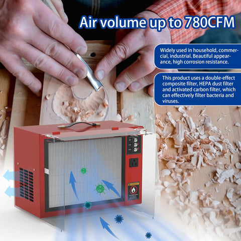 Portable Tabletop Air Filtration System For Woodworking 580-780 CFM Movable Dust Collector With Boss Vortex Fan shown near wood carving