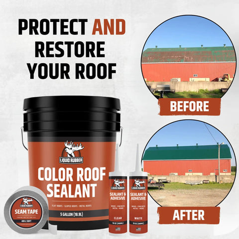 Color Roof Sealant Elastomeric Waterproof Coating for Flat Low Slope and Metal Roofs with bucket in front of before and after roof images