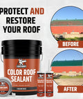 Color Roof Sealant For Flat And Low Slope Or Metal Roofs A Flexible UV Stable Elastomeric Waterproof Coating White 1 Gallon packaging and roof transformation before and after.