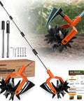 Two In One Rotary Hand Tiller For Gardening With An Adjustable 63 Inch Stainless Steel Pole, Front Weeding Blades And Rear Tilling Blade
