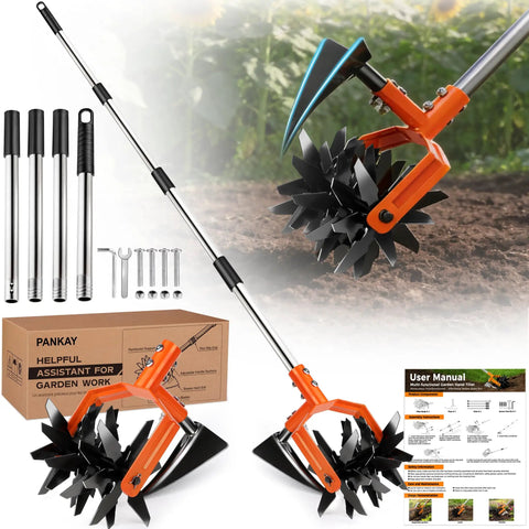 Two In One Rotary Hand Tiller For Gardening With An Adjustable 63 Inch Stainless Steel Pole, Front Weeding Blades And Rear Tilling Blade