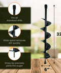 6 Inch Wide By 32 Inch Deep Electric Post Hole Digger With Universal Handle For Drill Attachment on wooden surface
