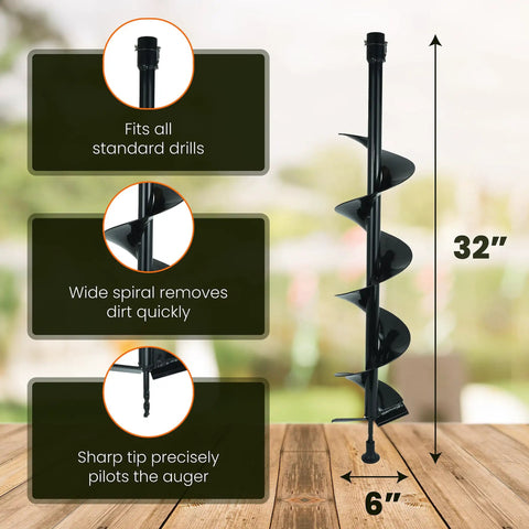 6 Inch Wide By 32 Inch Deep Electric Post Hole Digger With Universal Handle For Drill Attachment on wooden surface