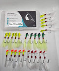 Shad Darts Fishing Lures Kit 25 Pack With One Eighth Oz Jig Heads And Bucktail Assorted 5 Colors displayed with packaging