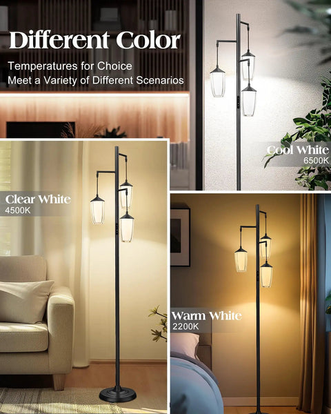 Industrial Dimmable Floor Lamp With Three Light Tree And Metal Cage Shades Farmhouse Vibe Tall 71 Inch Pole Lamp showcasing different light colors.